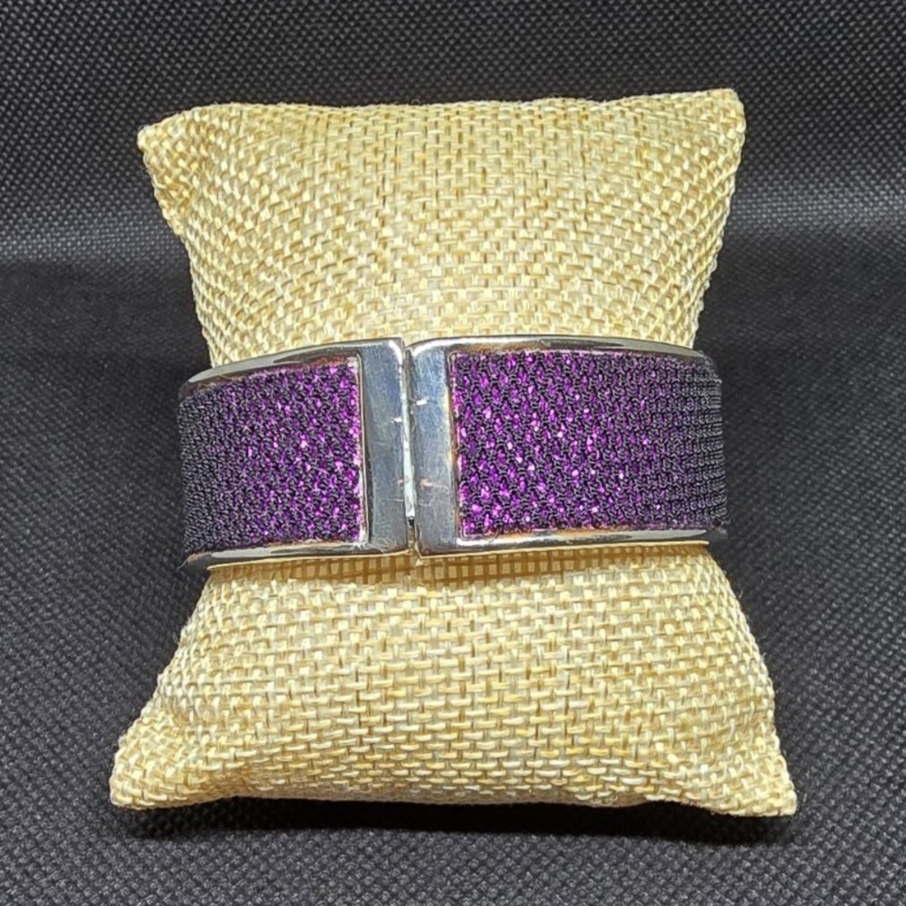 Silver Tone Cuff Bracelet w/ Textured Purple‎ Fabric Wrap, Metal, Magnetic Clasp